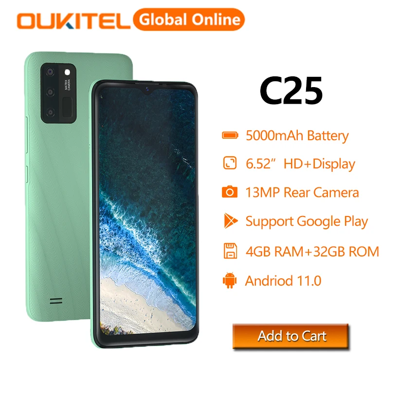 Смартфон OUKITEL C25, экран 6,52 дюйма HD +, 4 Гб + 32 ГБ, аккумулятор 5000 мАч, Android 11, тройная камера 13 МП