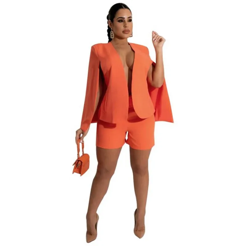 

2 Piece Shorts Suits Women Set Cardigan Cloak Sleeve Tops Outfits Fashion New Solid Sexy Elegant Office Lady Blazer Shorts Sets