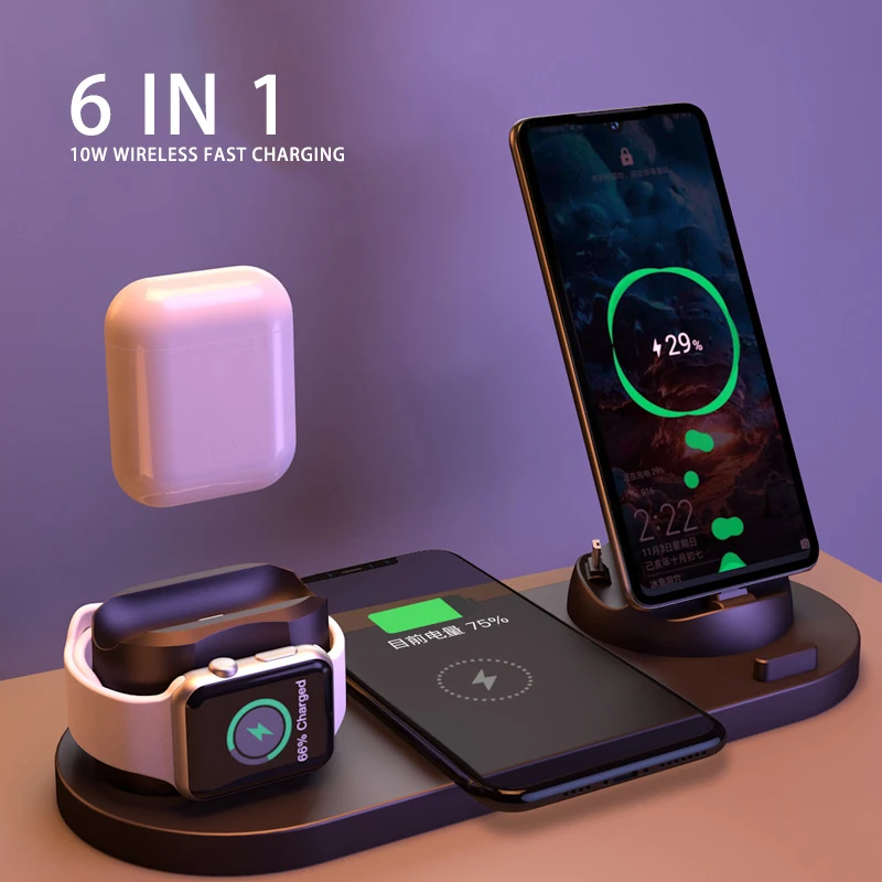

Wireless Charger 6 In 1 10w Qi Fast Stand Carga Rapida Dock Station Carregador Sem Fio for Iphone Apple Watch Airpods
