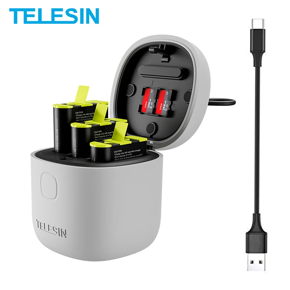 

Зарядное устройство TELESIN 1750 мАч для GoPro 9 10, зарядное устройство с 3 слотами, устройство для чтения TF-карт, контейнер для хранения, аксессуары д...