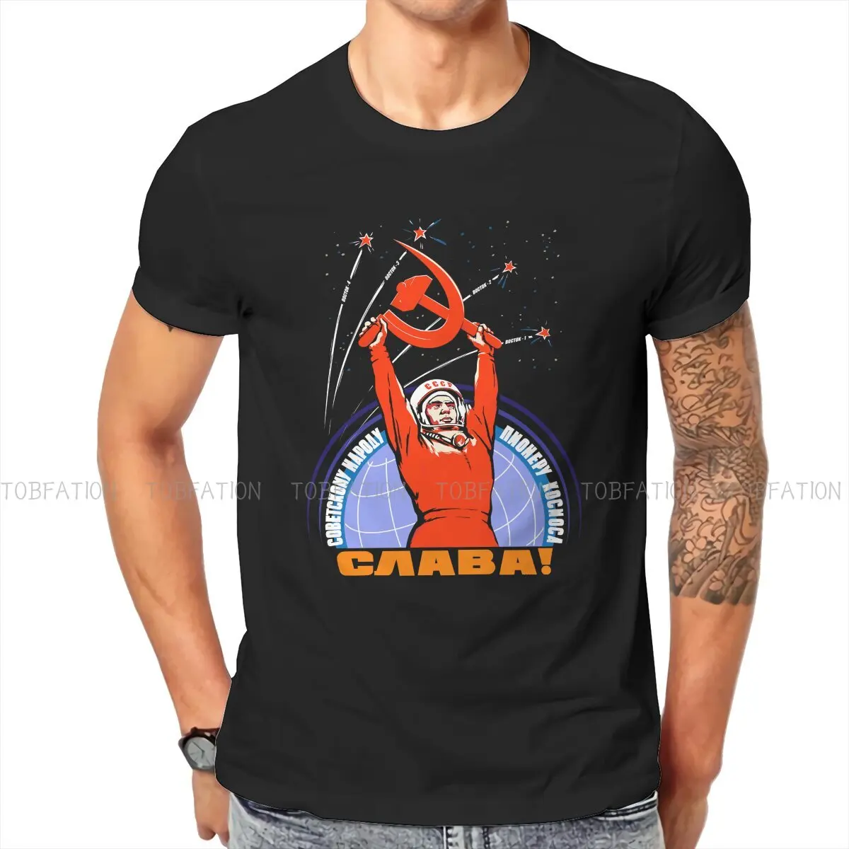 

Soviet Propaganda Yuri Gagarin TShirt For Men Russian USSR CCCP Clothing Fashion T Shirt Homme Printed Fluffy
