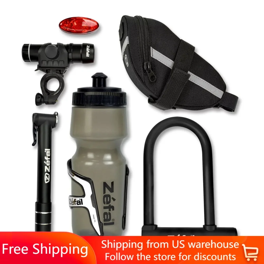 

Free Shipping Premium Bike Accessories 7-Piece Set (Bag, Lock, Water Bottle + Cage, Pump, Light Set)