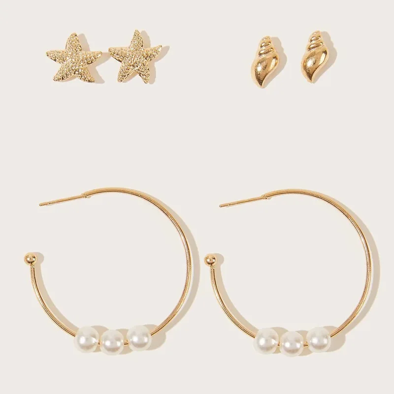 

New 2022 Starfish Conch Earring Set Pearl Earring Three-piece Set