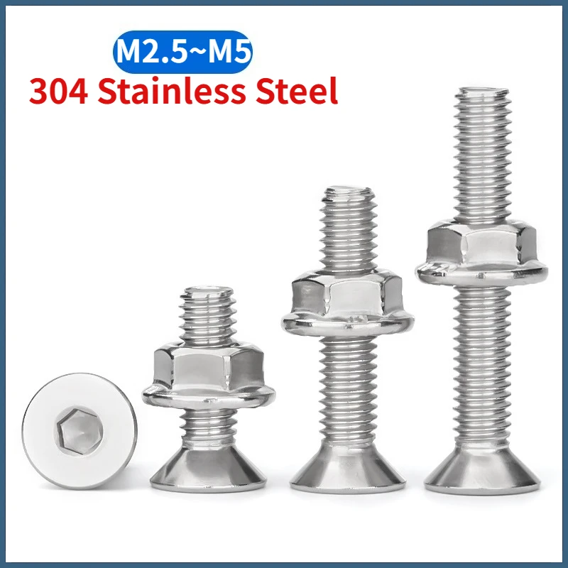 

Винты с потайной головкой, шестигранные болты с шестигранной головкой и набор зубчатых фланцевых гаек, нержавеющая сталь 304 A2, M2,5 M3 M4 M5