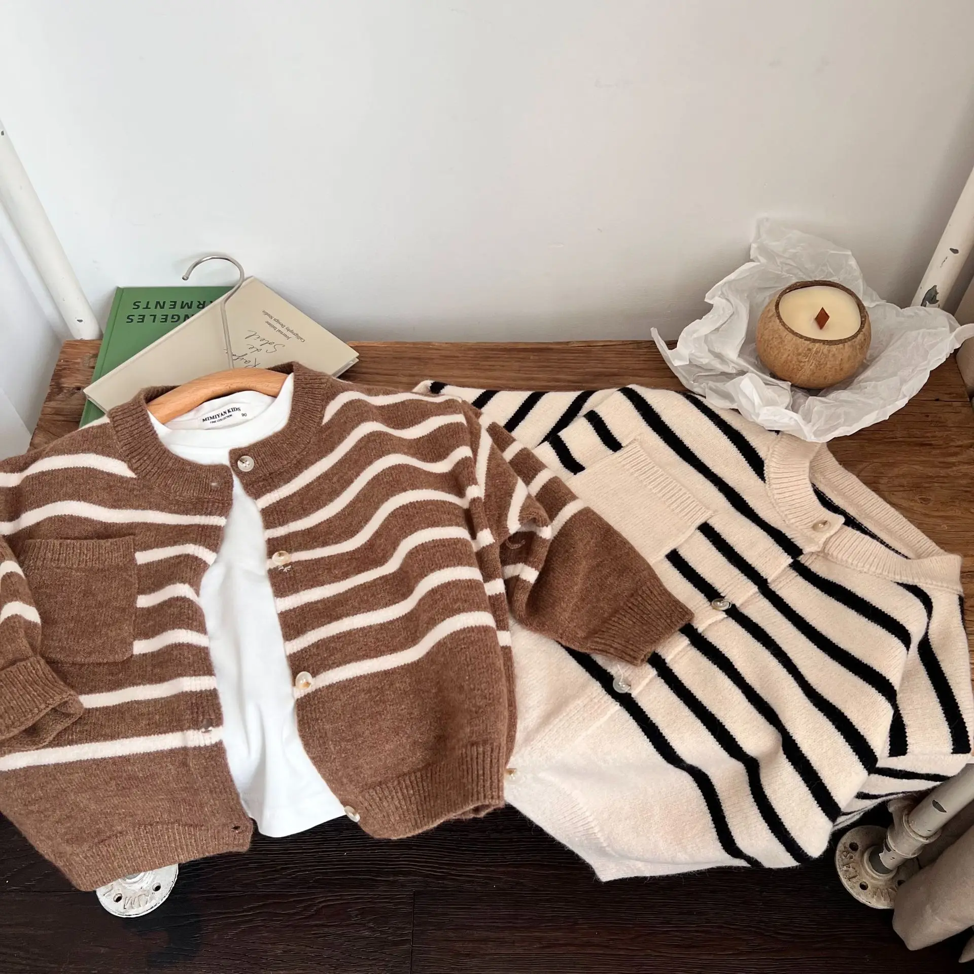 

Children's Sweater 2022 Autumn New Boys Girls Striped Knitted Cardigan Coat Baby Round Neck Jacket