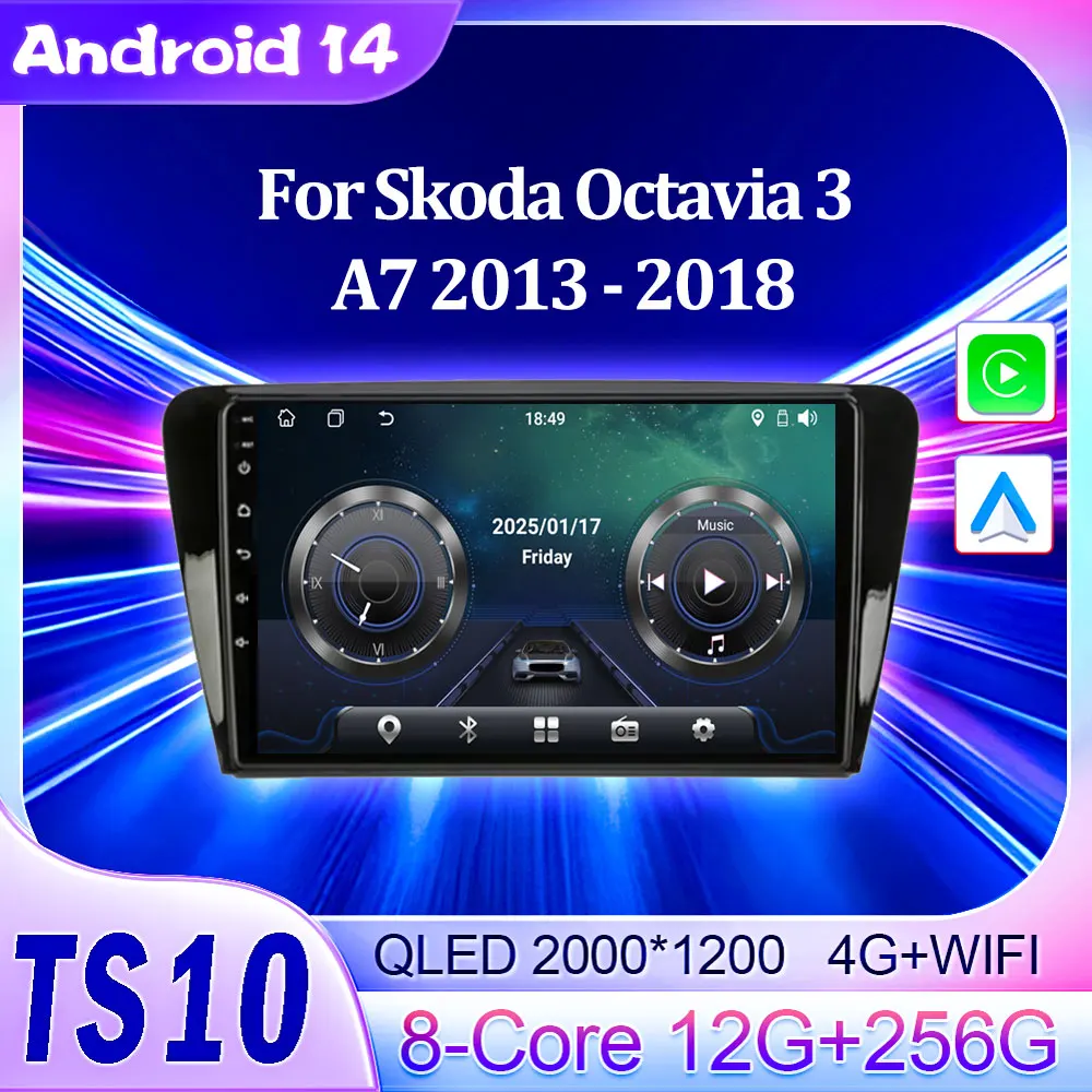 Автомобильный радиоприемник для Skoda Octavia 3 A7 2013-2018 Bluetooth Android 14 с сенсорным экраном