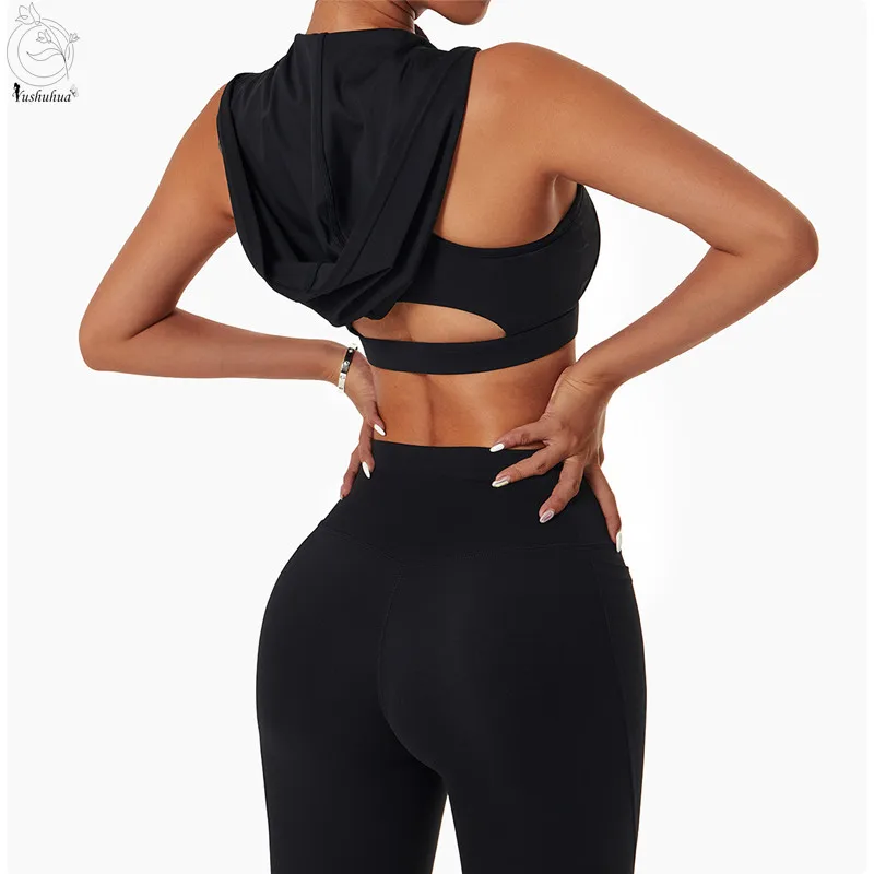 Yushuhua Hooded Fitness Vest Women's Gym Yoga Bra Sexy Gather Casual Crop Top Cycling Run Sports Bra Female Solid Underwear