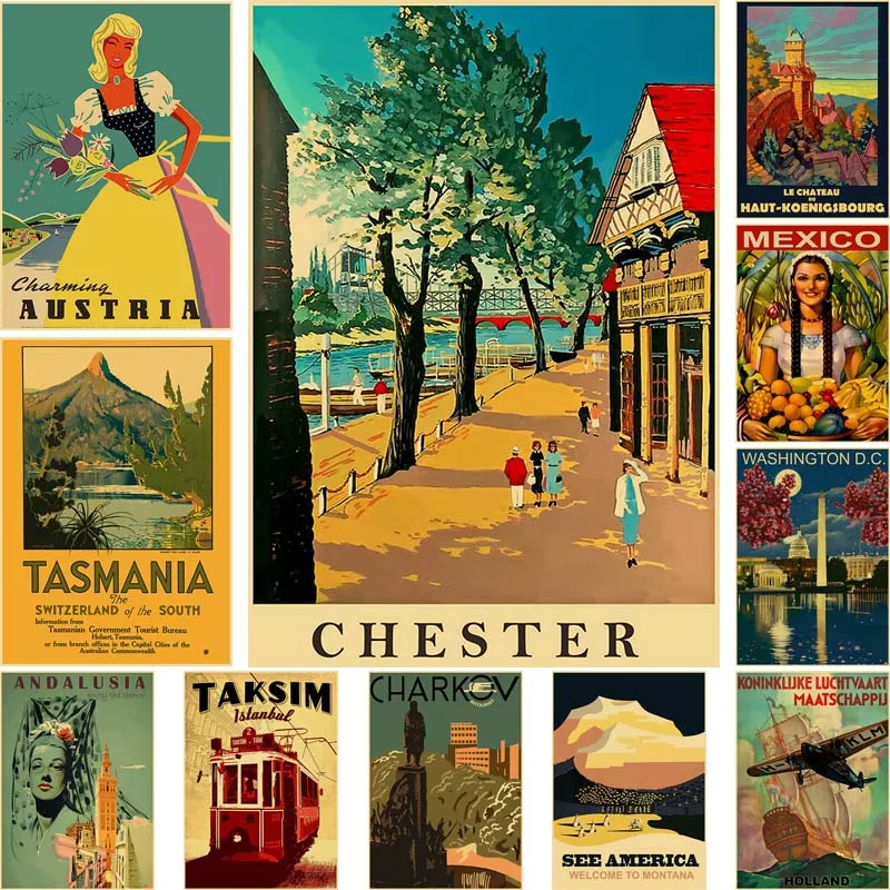 

World Travel Minimalist Vintage Posters Chester Charkov Kraft Paper Print Wall Art Decoration Painting Picture Home Cafe Decor