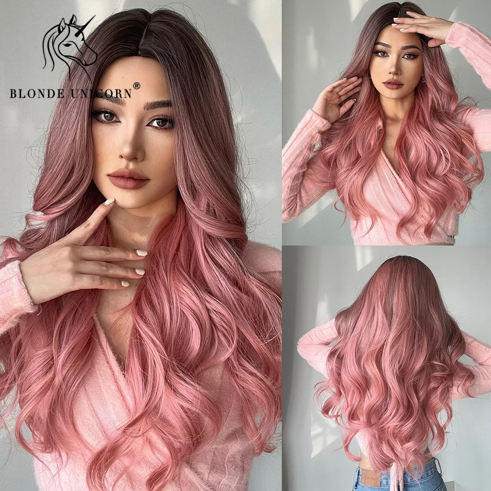 Blonde Unicorn Synthetic Long Wavy Wig Dark Root Ombre Pink For Women Cosplay Daily Party Wigs Heat Resistant Fiber Bangs Hair