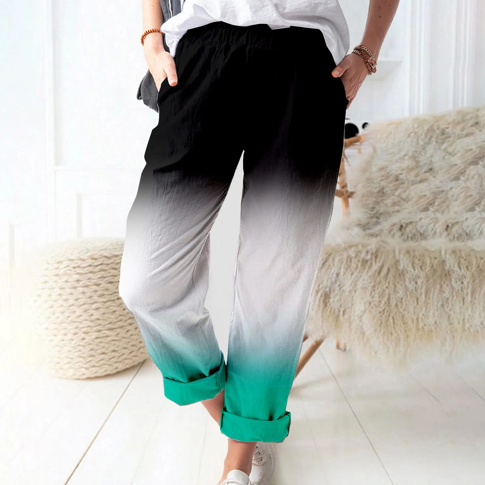 

Градиентные мешковатые штаны для женщин с высокой талией и эластичным карманом, хлопковые длинные штаны 2023, модная повседневная одежда, лет...