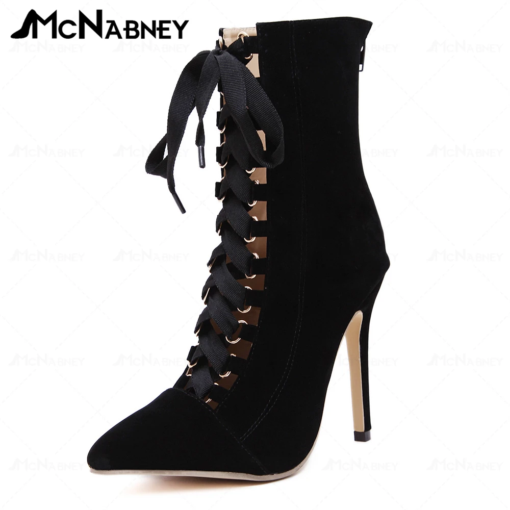 Modern Boots Mid Boots Cross Lace Up Boots Pointed Toe Stiletto Women Shoes Sexy Fashion Style Shoes for Ladies Dress Casual