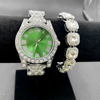 full iced out watch for women bling bling diamound tennis chain bracelet green water ghost hiphop luxury watches women set gifts