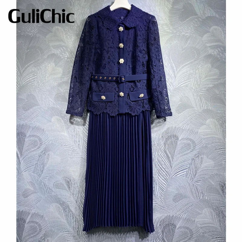 

Женский пиджак с длинным рукавом и цветочной вышивкой, на пуговицах + Плиссированное длинное платье без рукавов, 10,8