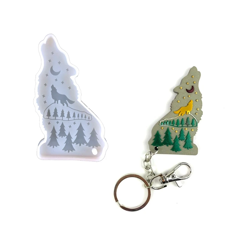 

DIY брелок с волком Подвеска из смолы форма с отверстием ручной работы волк дерево Луна узор ЮВЕЛИРНЫЕ изделия ОРНАМЕНТ силиконовая форма Ли...