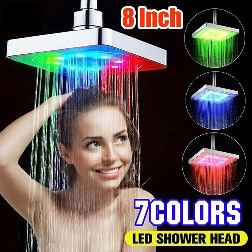 

Led Rainfall Shower Head 8 Inch Square High Pressure Spray Brushed Nickel Brass Automatic Color Change Shower Head Chuveiro