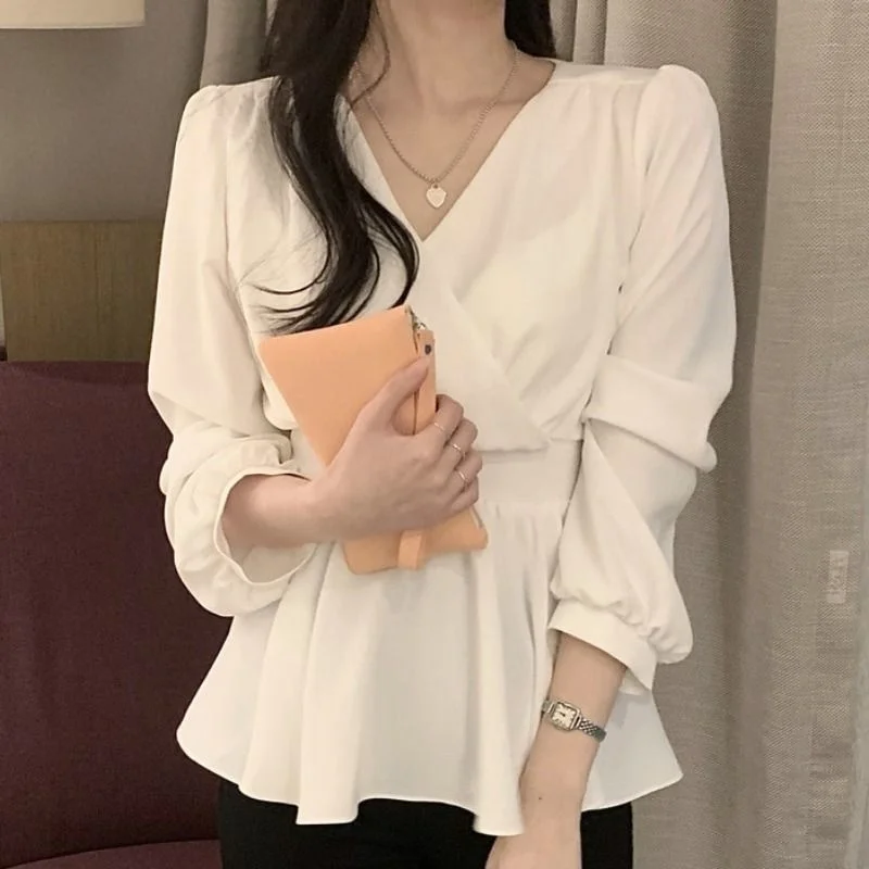 

Chiffon Women's 2023 New Elegant V-neck Waist Lace Long Sleeve Top Blusas Clothes for Women Blouse Shirts