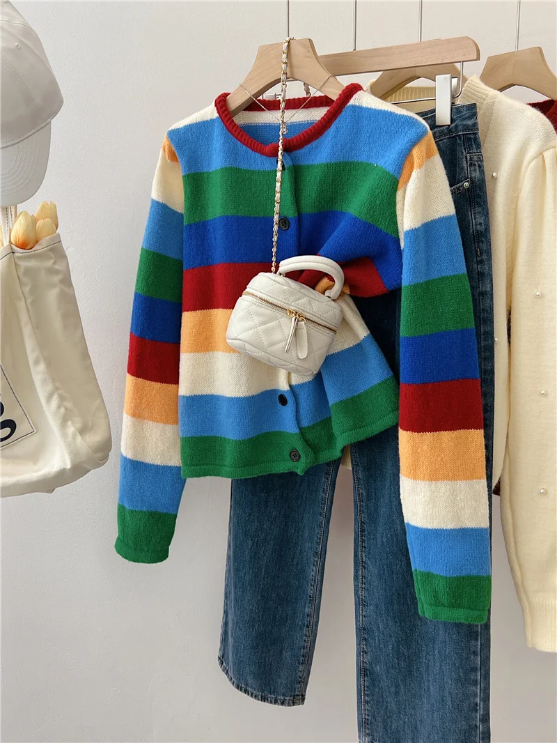 Гонконгский свитер в стиле ретро шикарный контрастный цвет радужную полоску