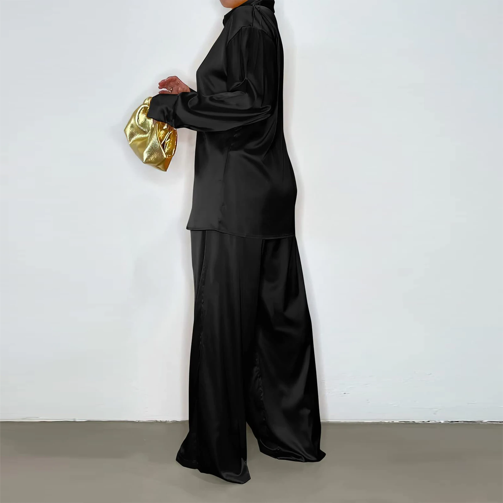 Spring Full Long Sleeve Lapel Shirt and Wide Leg Pants Suit Women Fashion Satin 2-piece Set Lady Casual Button Loose Office Sets 3 Spring Full Long Sleeve Lapel Shirt and Wide Leg Pants Suit Women Fashion Satin 2-piece Set Lady Casual Button Loose Office Sets 3