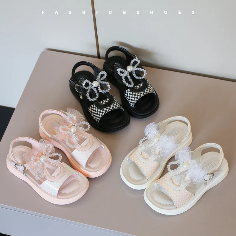 

Kids PU Girls Sandals Versatile Checkerboard 2022 Summer New Bow Flats Daily Life Casual Pearl Children's Fashion Shoes Open-toe