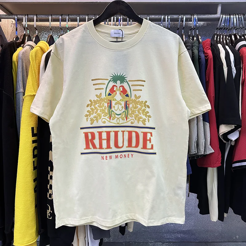 

High Quality 100% Cotton Parakeet Printing Rhude T Shirt Men Women Casual Loose RHUDE Short Sleeve Tee Inside Tags