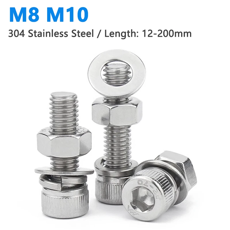 

M8 M10 304 Stainless Steel Hexagon Socket Head Cap Screw Nut Washer Spring 4 In 1 Set Extended Cylinder Head Combination Bolt