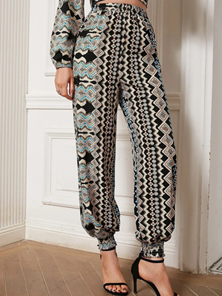 

2022 New Vintage Print Loose Pencil Pants Casual Elastic Waist Boho Women Long Trousers Summer High Street Harajuku Ladies Pants