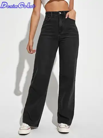 DenimColab 2023 New High Waist Straight Pants Woman Loose Boyfriend Jeans Female 100% Cotton Casual Black Trousers Mom Jeans
