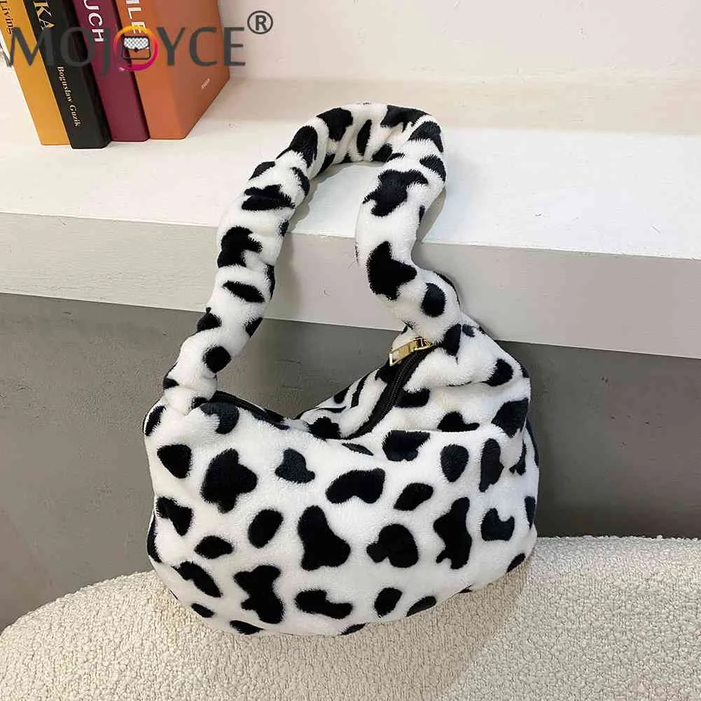 

Winter Plush Shoulder Dumpling Totes Cow Printed Underarm Bag High Quality Comfort Plush for Female Mobile Large Capac Bag