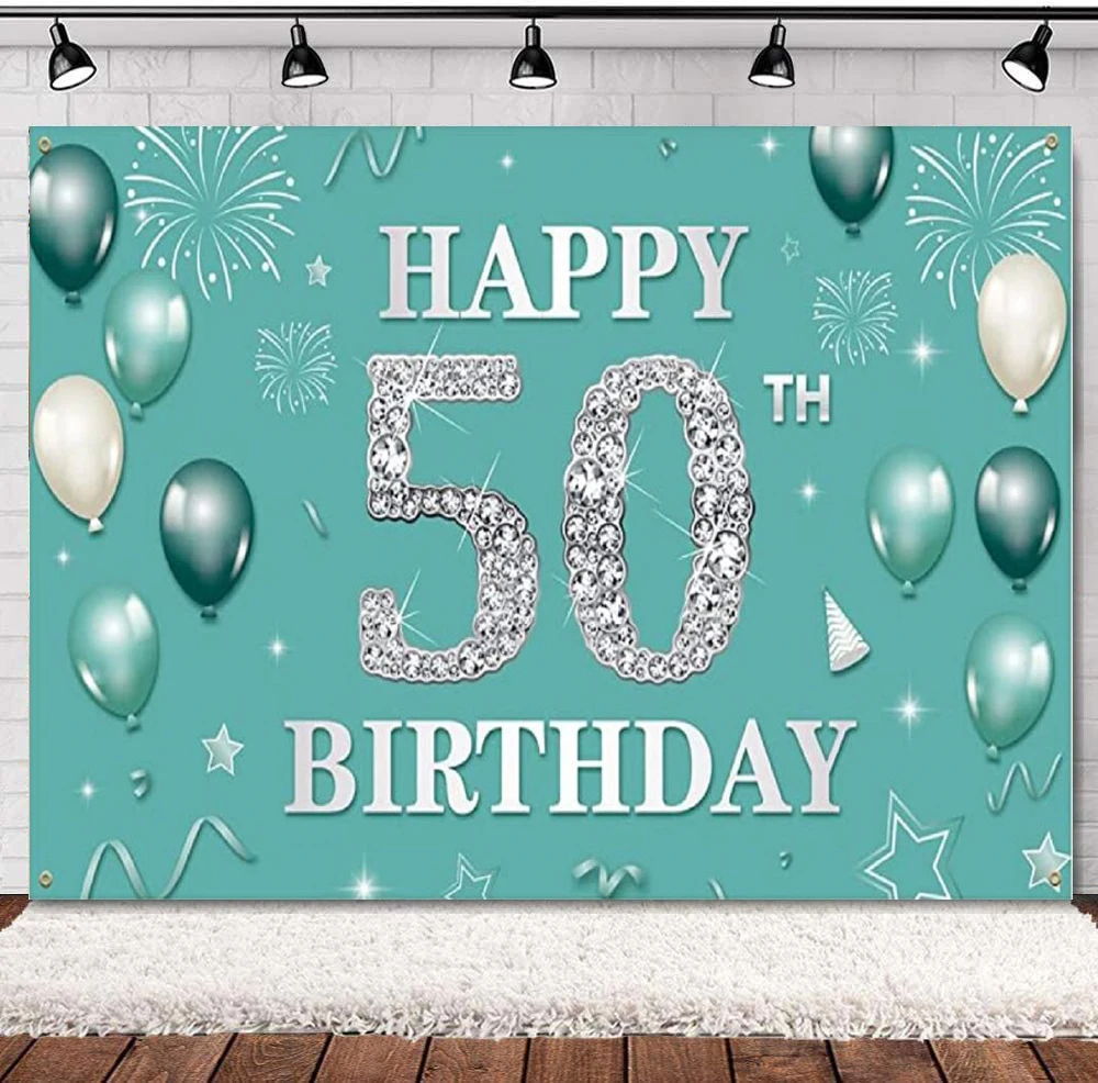 

Happy 50th Birthday Party Photography Backdrop Banner Decor Background Poster Teal Silver balloon For Women Turquoise Supplies