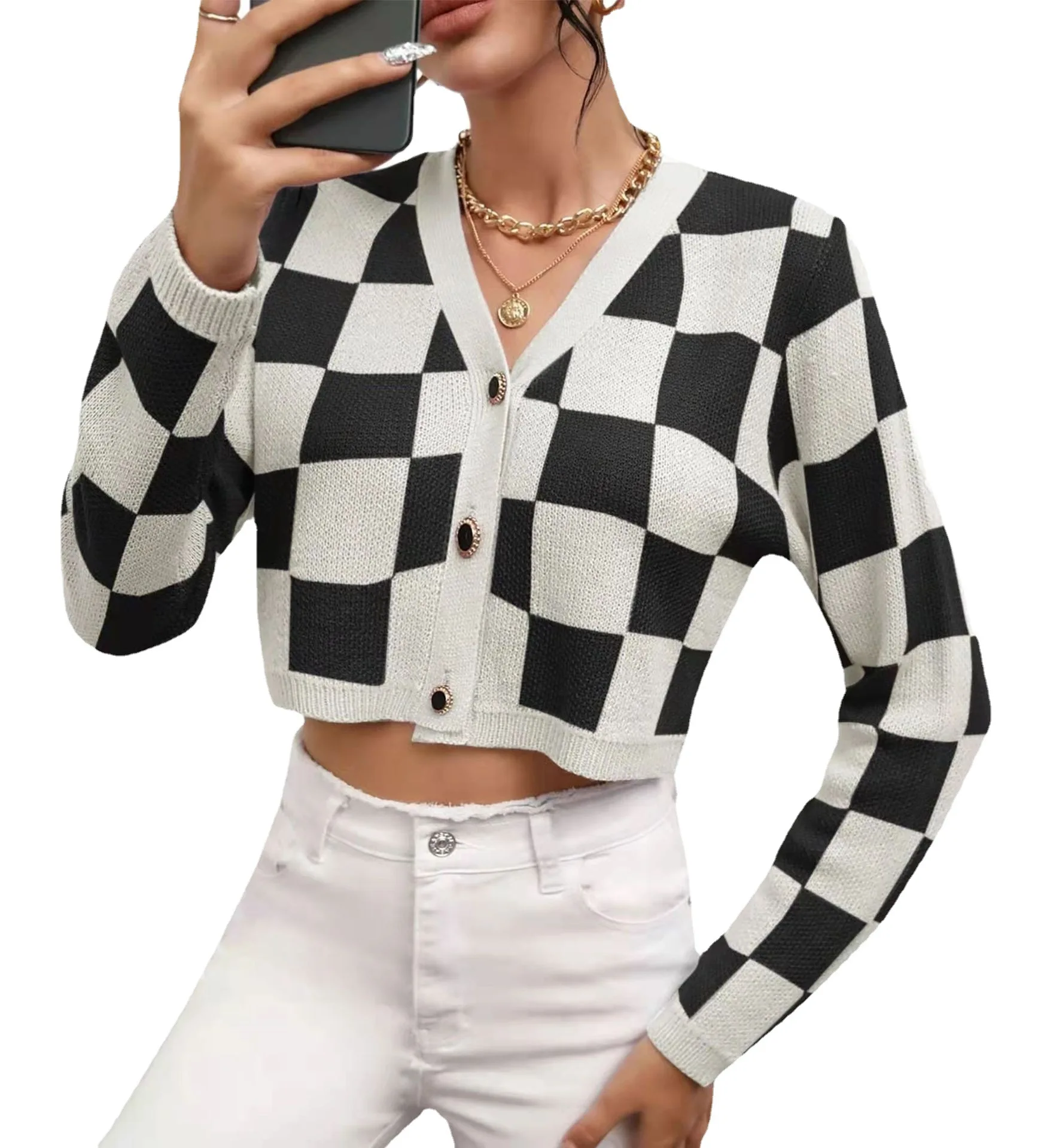 

2022 All-match Plaid Cardigan Women's Korean Autumn V-neck Long-sleeved Short Coat Drape Coat Wool