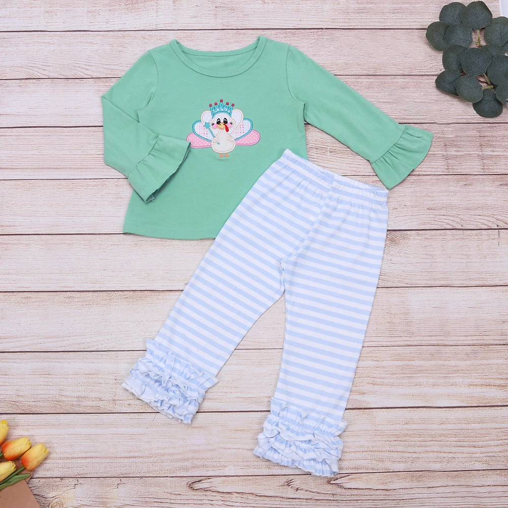 

Thanksgiving Babi Girl Clothes Set Kids Bodysuit Toddler Long Sleeve Turkey Embroidery Stripe Pants Suit Children Costum Items