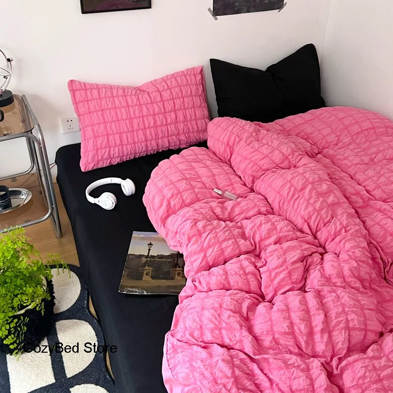 

Seersucker Series Bedding Set Solid Pink Black Duvet Cover Set Queen Single Full Size Soft Flat Bed Sheet Quilt Cover Pillowcase