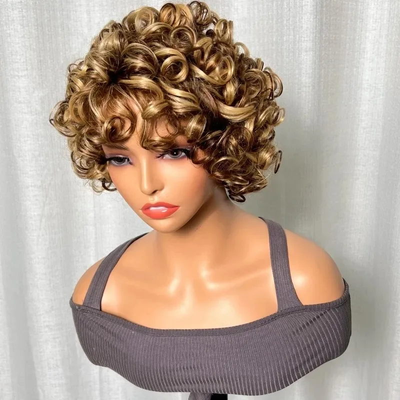 

Highlight Bouncy Curly Funmi Wigs with Bangs Pixie Cut Wig Human Hair Wigs for Women Glueless BOB Wig Perruque Cheveux Humain