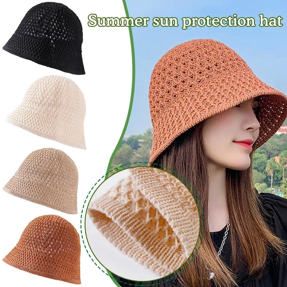 

Summer Crochet Floppy Top Handmade Hats Collapsible Dome Bucket Hat Hollow Out Solid Color Beach Caps Simplicity Soft Women Hat