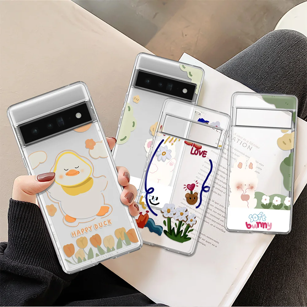 

Cartoon Cute Duck Floral Case for Google Pixel 7Pro 7 6a 6 6Pro 5 5a 5G 4XL 4 3XL 3 3a 3aXL 4a Transparent TPU Cover Carcasa