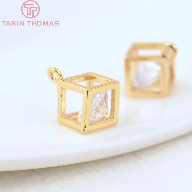 

(1784)6PCS 6MM 7.5MM 24K Gold Color Plated Brass with Zircon Cube Charms Pendants High Quality Diy Jewelry Accessories
