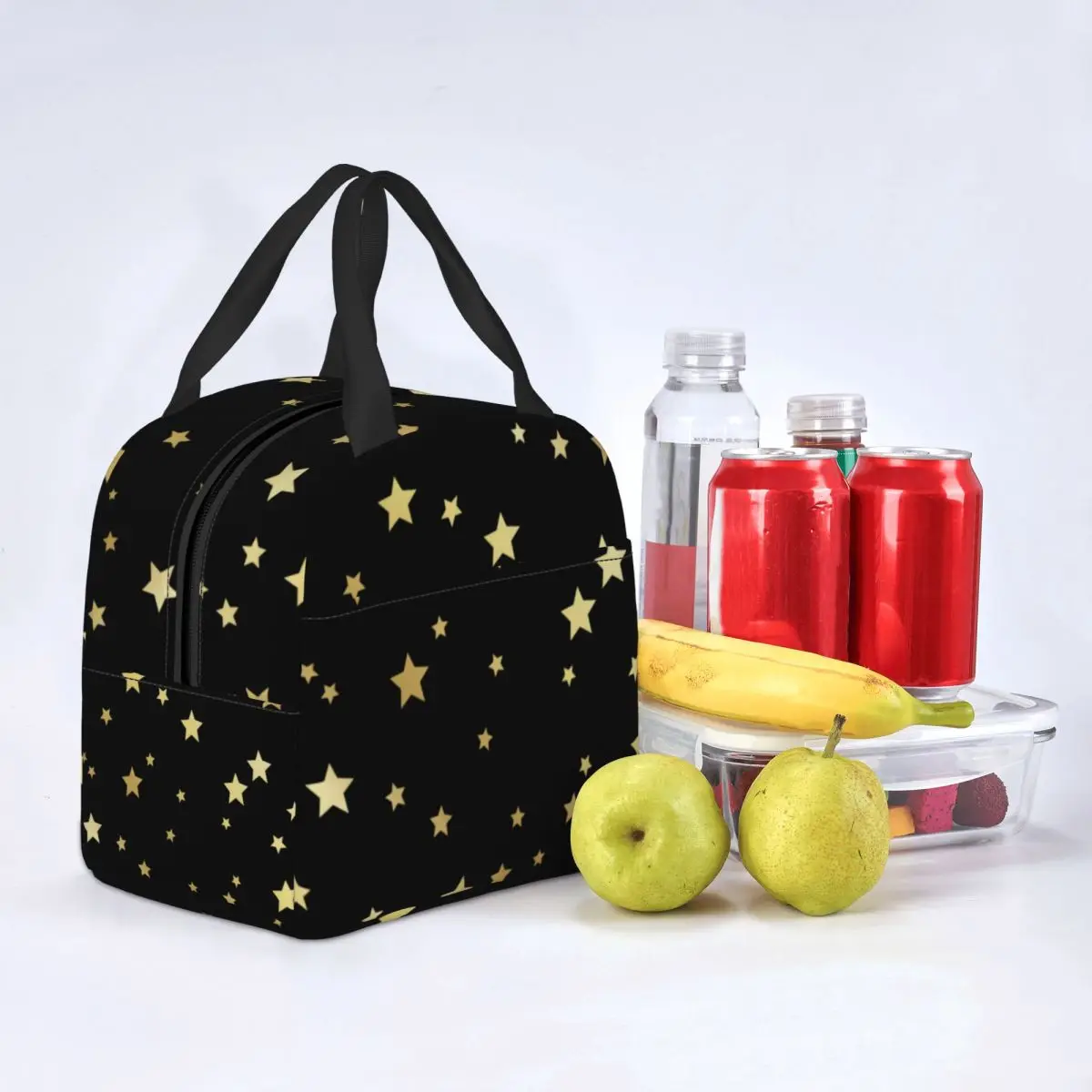 

Gold Star Lunch Bag with Handle Stars Pattern Fancy Cooler Bag Carry Travel Food Thermal Bag