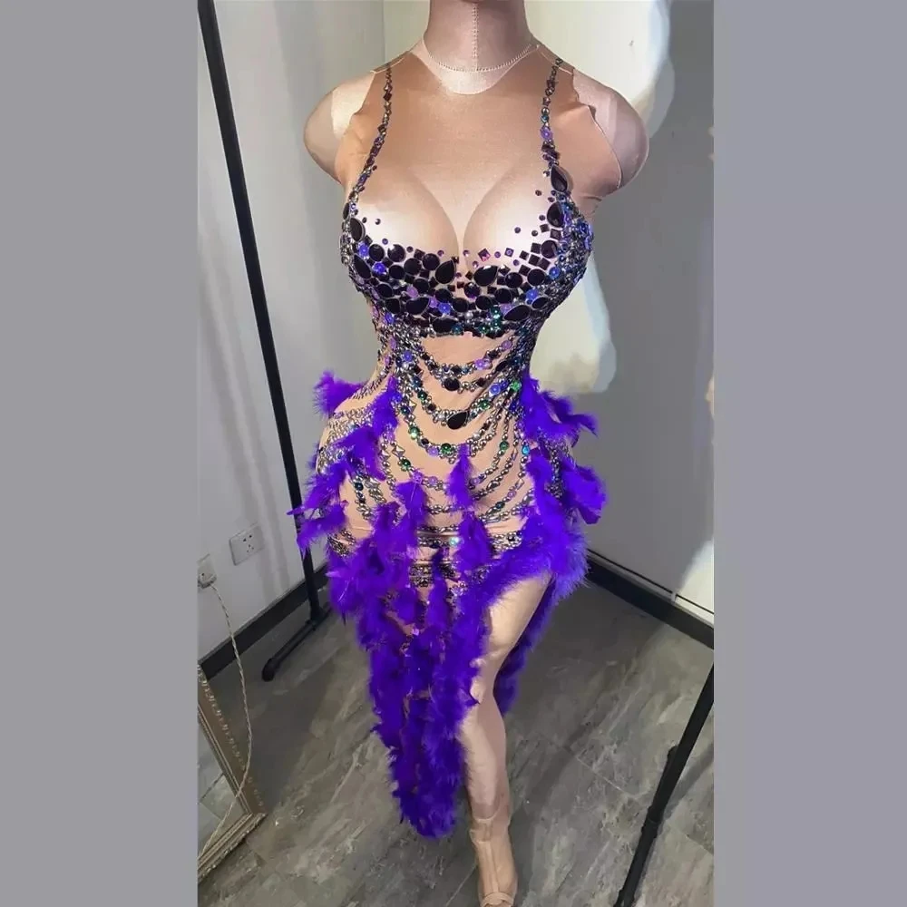 Сексуальное фиолетовое длинное платье с блестками и кристаллами перьями женское