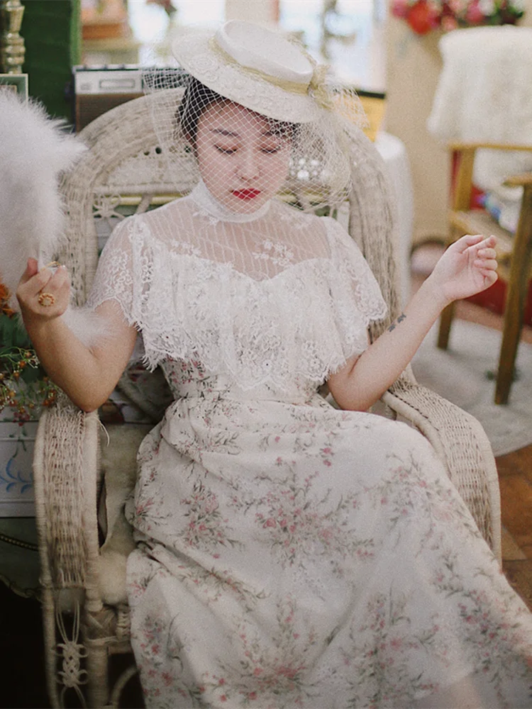 

AIGYPTOS Spring Summer Women Dress 2022 Vintage Elegant Slim Lace Cape Cloak Collar Dress Embrodiery Floral Print Maxi Dress