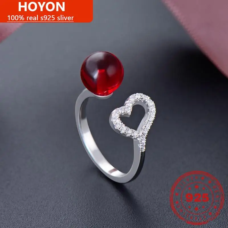 

HOYON Wedding Ring for women Real 100% S925 Sterling Silver Pearl Ring Female Opening Adjustable Love Crystal Ring jewelry gift