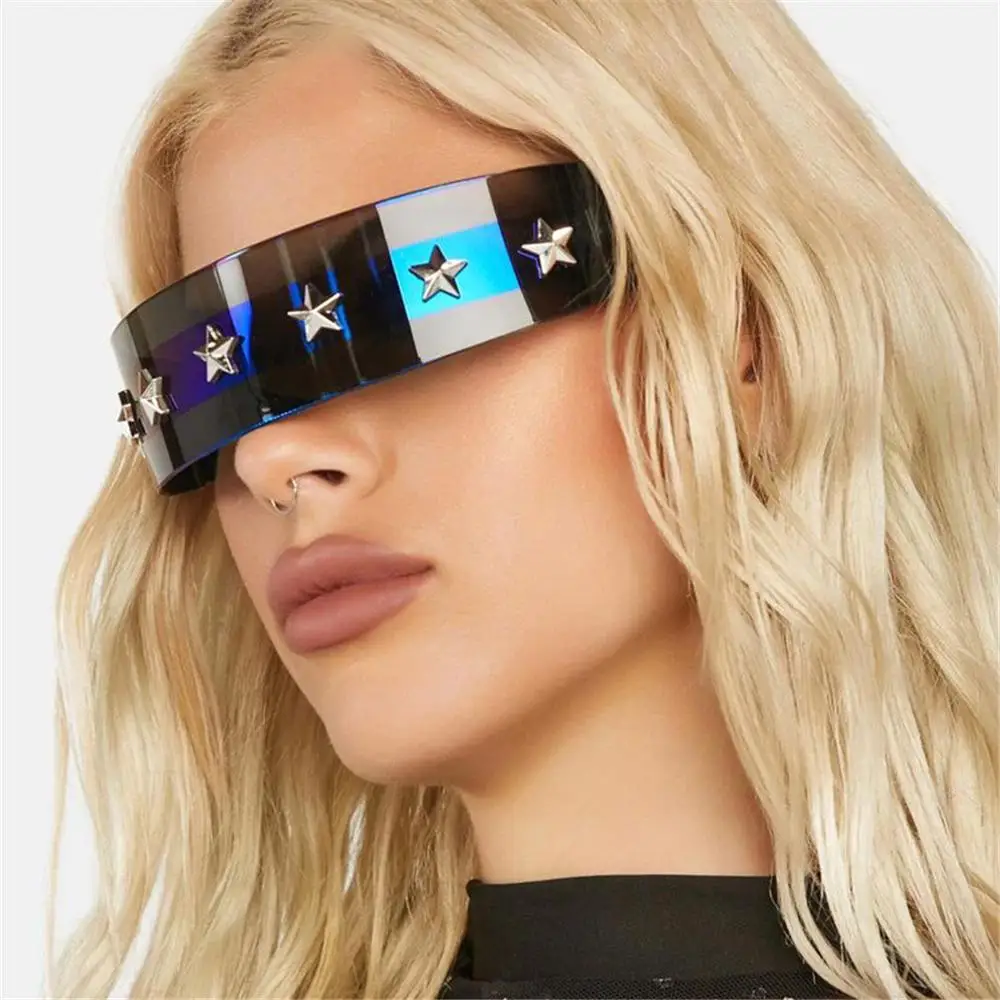 

New Steampunk Shades EyeGlasses Glitter Stars One Piece Diamond Sun Glasses WrapAround Y2K Sunglasses