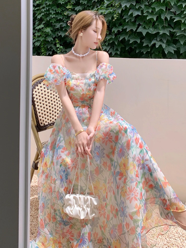 

Vintage Printing Floral Party Maxi Dress for Women Slash Neck Puff Sleeve Sexy Backless Midi Dresses Elegant French Summer 2022