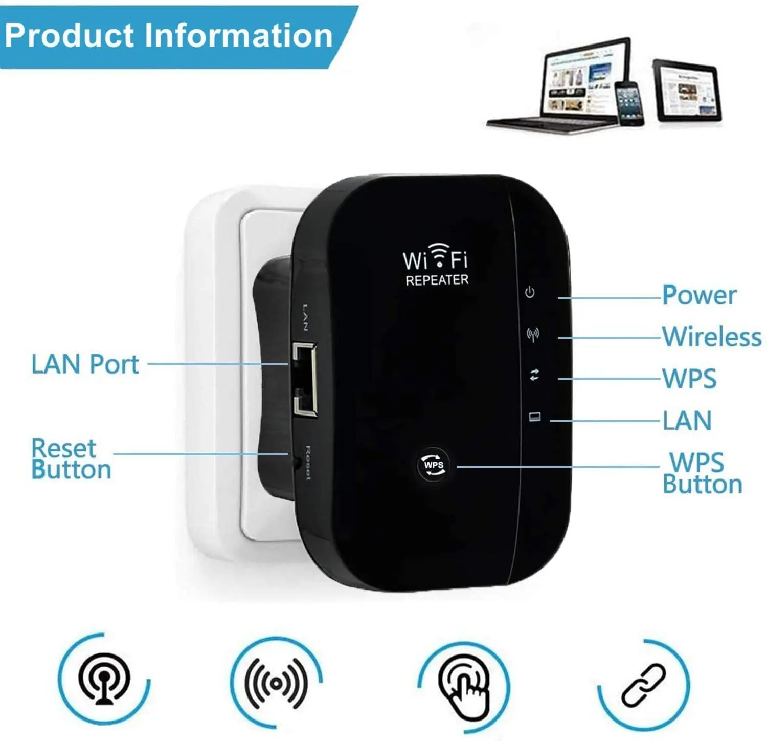 WiFi Range Extender Up to 2640sq.ft 2.4G High Speed Wireless Repeater with Integrated Antennas Ethernet Port 360° Full Coverage images - 6