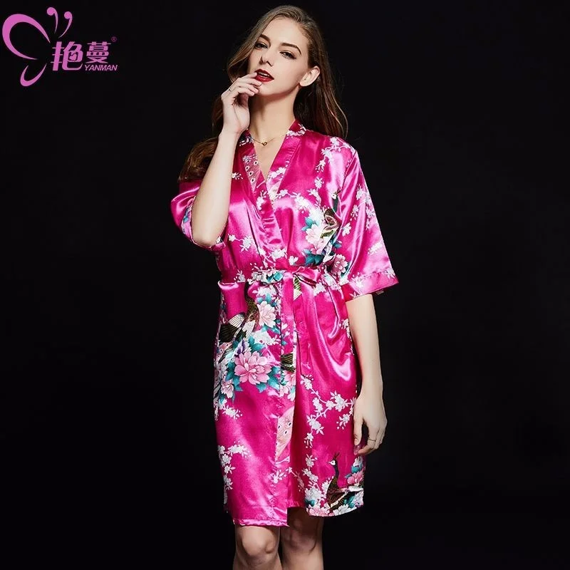 Women's NightwearSummer Peacock Pajamas Faux Silk Sexy Robes Simple Printed BathrobesWomen's Dressing Gown Women's Home Clothes