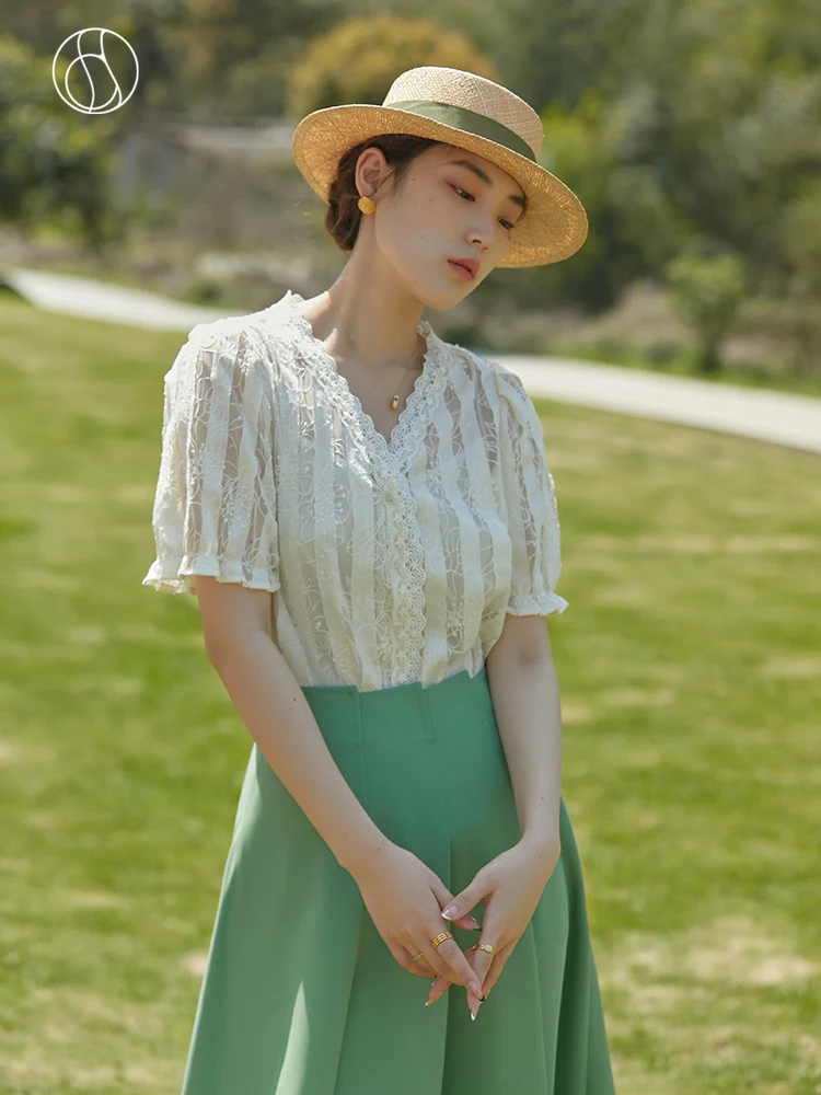 

DUSHU Lace Collar Lace Shirt Women V-neck Sweet Romantic Temperament Suspender Two-piece Set for Female 2022 Summer New