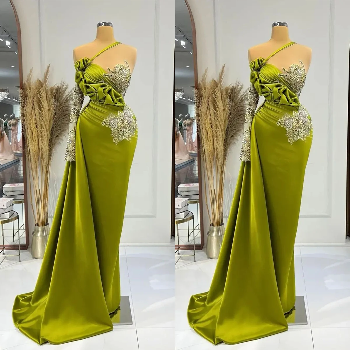 

Elegant Mermaid Prom Dresses Sexy One Shoulder Long Sleeve Ruffles Evening Gowns Custom Made Lace Appliques Party Dress