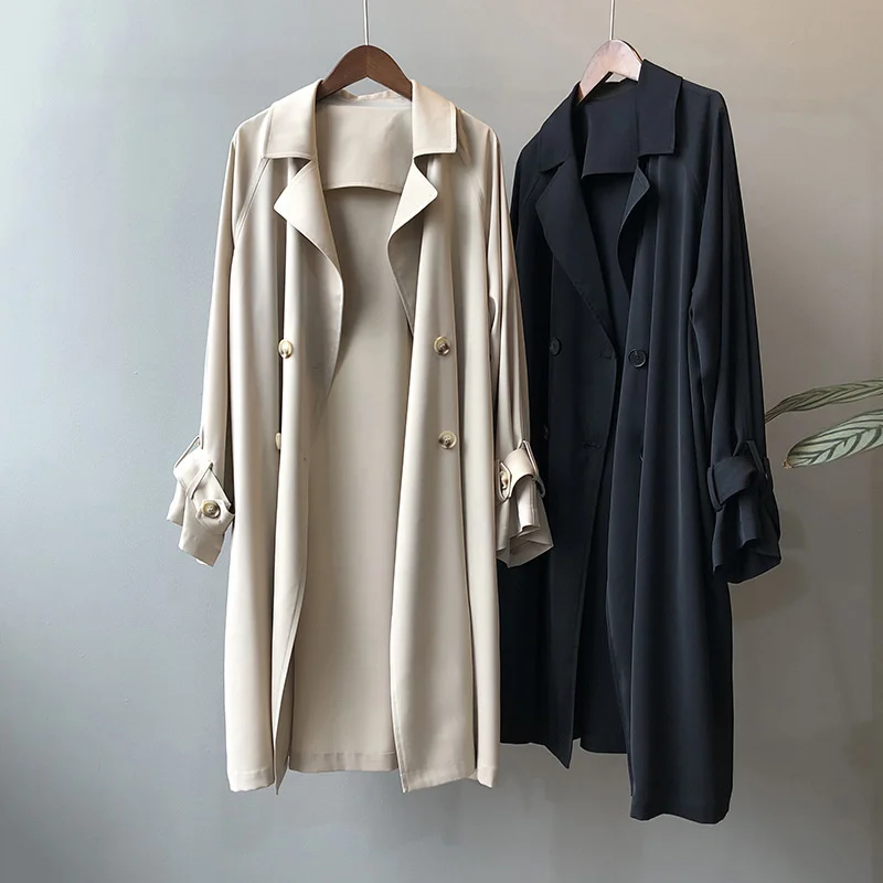 

2022 Thin Double Breasted Trench Coat Women's Long Korean Version Loose Solid Color Over Knee Coat