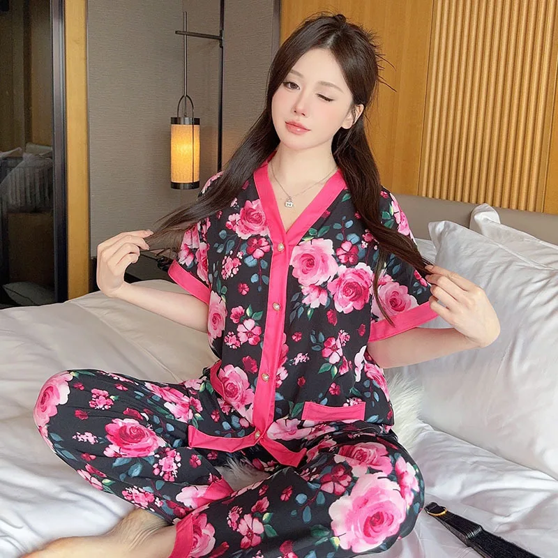 Женский Пижамный Комплект С Цветочным Принтом Летний Легкий Топ V-образным