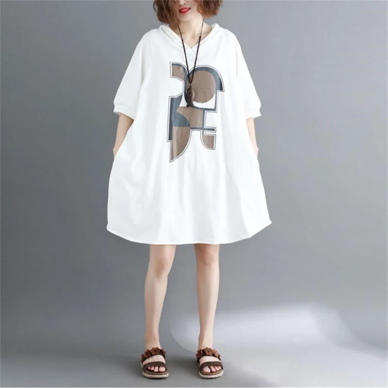 

Женское летнее платье с капюшоном, корейская мода, женская тонкая футболка средней длины с коротким рукавом, топы, свободные платья, H368