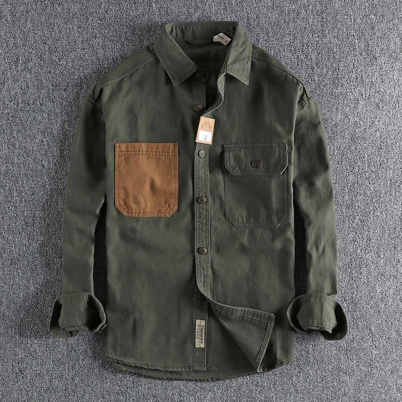 

Shirt Thin Washed Retro Woven Tooling Grain Daily Coat Cotton Men's Sleeve Patch Trend Sleeve Youth Long